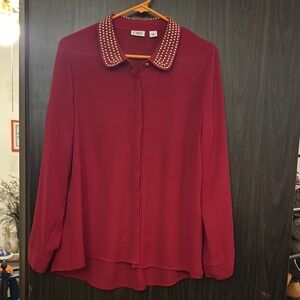 Cato Red Embellished Long Sleeve Blouse with Peter Pan Collar Sz L